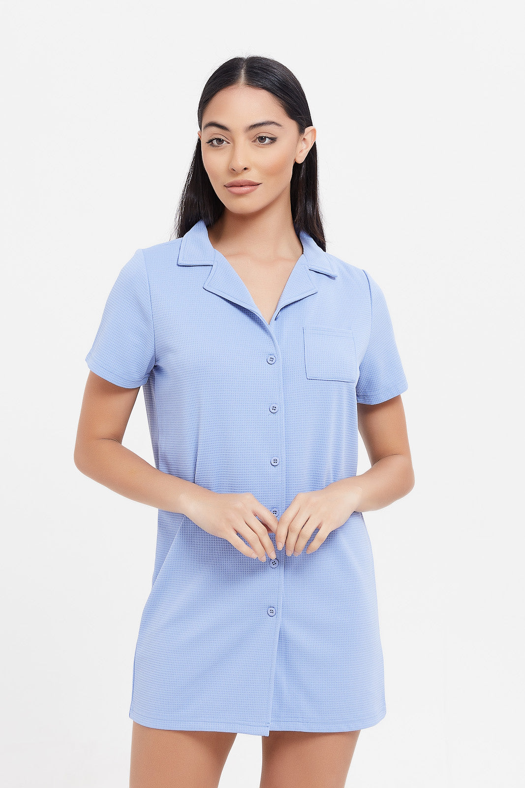 Buy Women Blue Waffle Plain Nightshirt 126189398 in Saudi Arabia