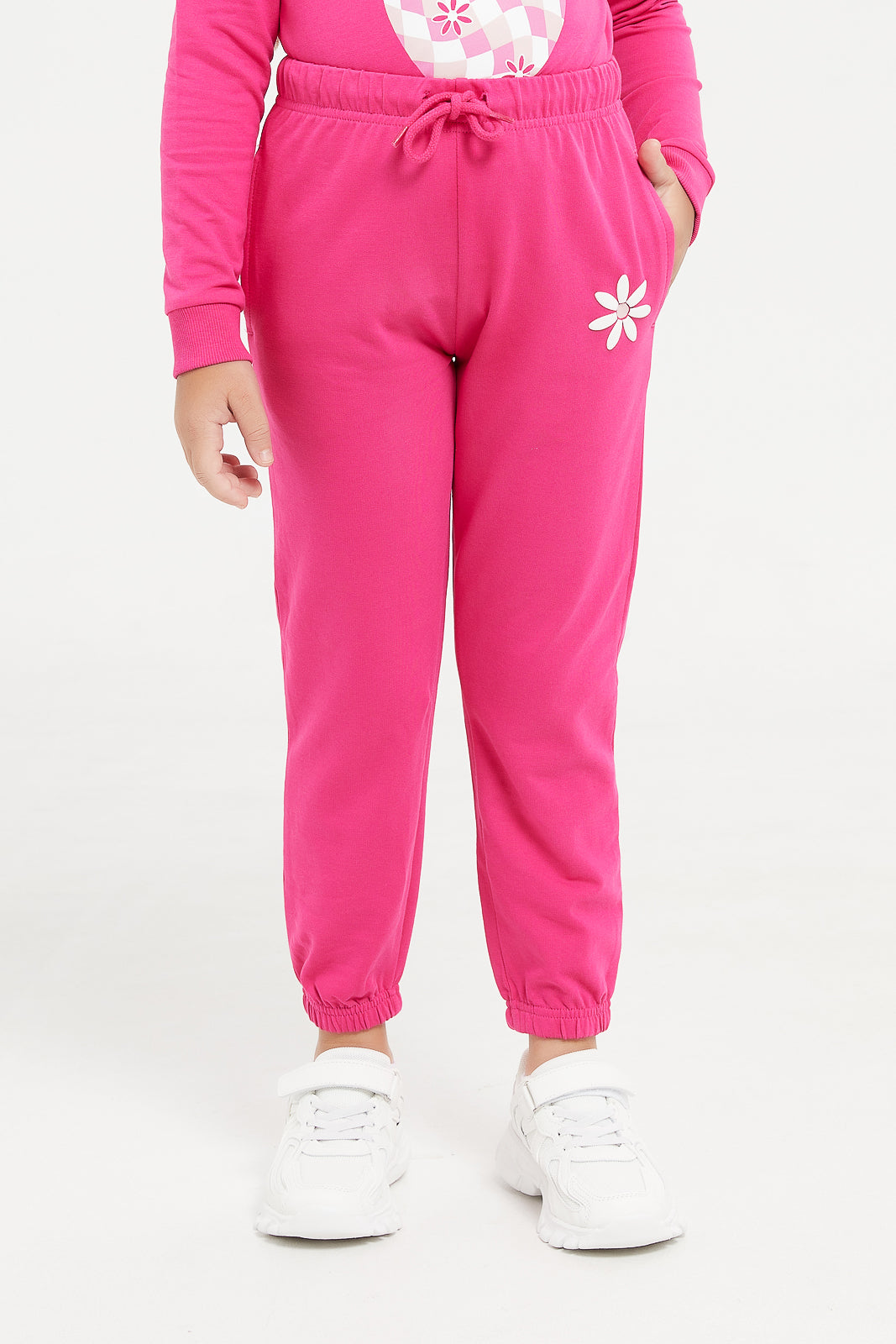 Girls Pink Embellished Print Track Pants