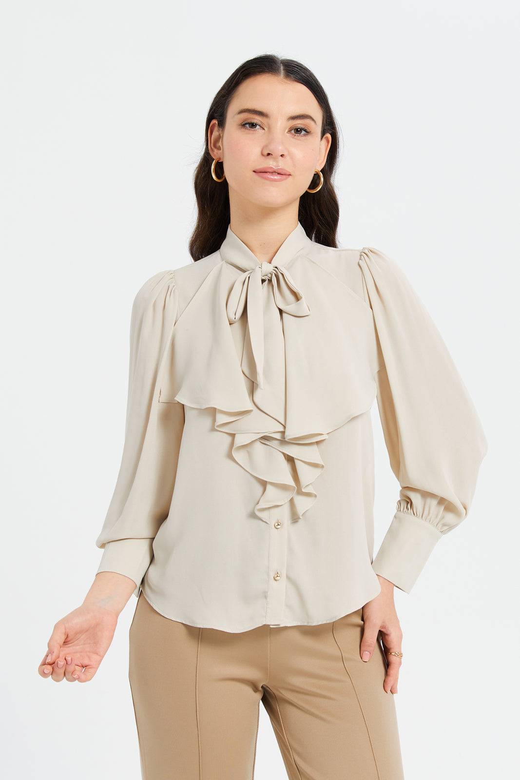 Women Ivory Ruffle Neck Pussy Bow Blouse