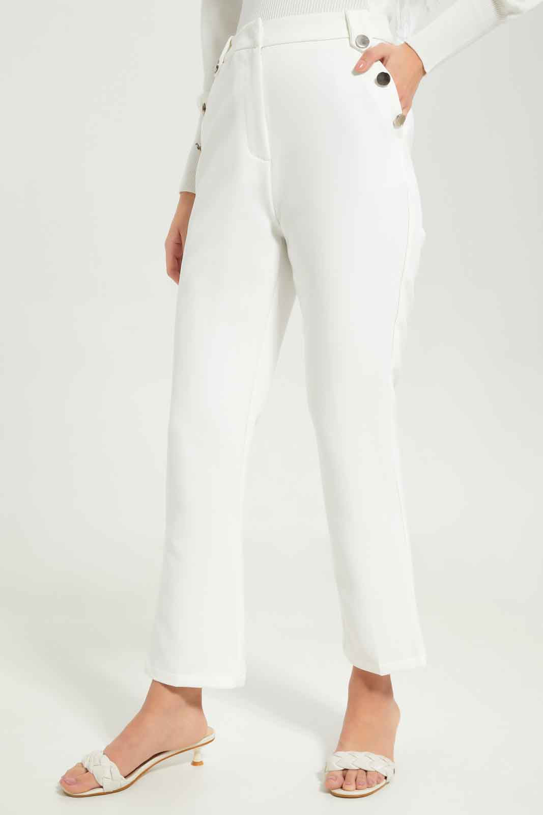 Women White Button Detail Centre Crease Trouser