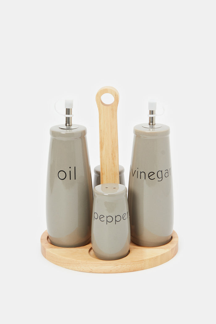 Redtag-Gray-Condiment-With-Wooden-Stand-(5-Piece)-Category:Canisters-And-Jars,-Colour:Grey,-Deals:New-In,-Filter:Home-Dining,-H1:HMW,-H2:DIN,-H3:CRC,-H4:CCS,-HMW-DIN-Crockery,-HMWDINCRCCCS,-New-In-HMW-DIN,-Non-Sale,-ProductType:Canisters,-Season:W23O,-Section:Homewares,-W23O-Home-Dining-
