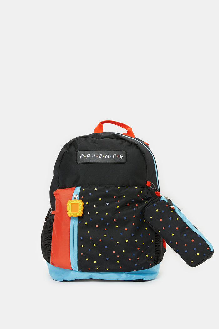 Redtag-Black/Red-Friends-Teens-18"-Backpack-BOY-Bags,-BTS23,-Category:Bags,-CHR,-Colour:Black,-Deals:New-In,-Filter:Boys-Accessories,-H1:ACC,-H2:SCH,-H3:BTC,-H4:BTC-BACK-TO-SCHOOL,-New-In,-New-In-BOY-ACC,-Non-Sale,-ProductType:Backpacks,-Season:W23O,-Section:Boys-(0-to-14Yrs),-W23O-Check-