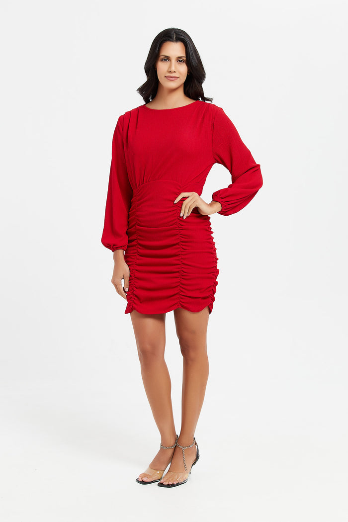 Redtag-Red-Rouched-Dress-Category:Dresses,-Colour:Red,-Deals:New-In,-Filter:Women's-Clothing,-H1:LWR,-H2:LDC,-H3:DRS,-H4:CAD,-LDC-Dresses,-LWRLDCDRSCAD,-Midi-Dress,-New-In-LDC,-Non-Sale,-ProductType:Dresses,-Season:W23A,-Section:Women,-W23A-Women's-
