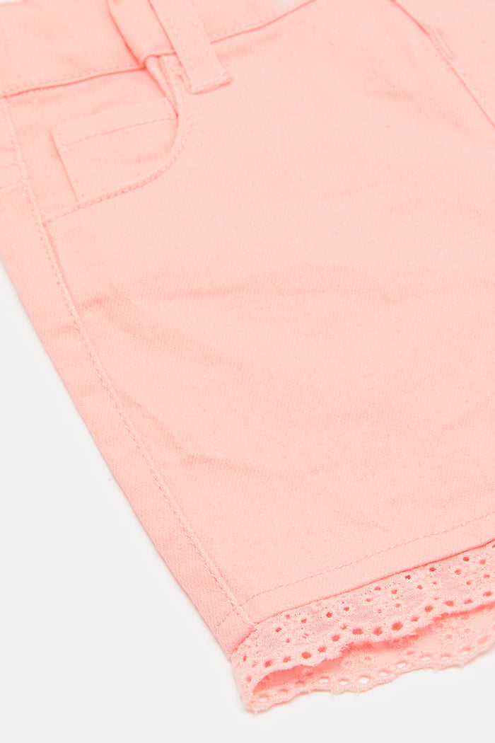 Redtag-Coral-Solid-Short-With-Lace-On-Hem-Category:Shorts,-Colour:Orange,-Deals:New-In,-Filter:Infant-Girls-(3-to-24-Mths),-H1:KWR,-H2:ING,-H3:DNB,-H4:SRT,-ING-Shorts,-KWRINGDNBSRT,-New-In-ING,-Non-Sale,-ProductType:Denim-Shorts,-S23E,-Season:S23E,-Section:Girls-(0-to-14Yrs)-Infant-Girls-3 to 24 Months