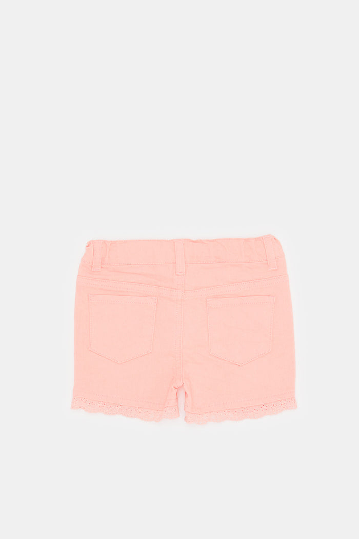 Redtag-Coral-Solid-Short-With-Lace-On-Hem-Category:Shorts,-Colour:Orange,-Deals:New-In,-Filter:Infant-Girls-(3-to-24-Mths),-H1:KWR,-H2:ING,-H3:DNB,-H4:SRT,-ING-Shorts,-KWRINGDNBSRT,-New-In-ING,-Non-Sale,-ProductType:Denim-Shorts,-S23E,-Season:S23E,-Section:Girls-(0-to-14Yrs)-Infant-Girls-3 to 24 Months
