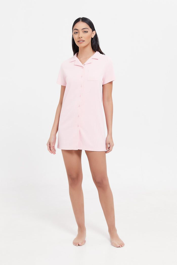 Redtag-Pink-Waffle-Solid-Nightshirt-Category:Nightshirts,-Colour:Pale-Pink,-Deals:New-In,-Filter:Women's-Clothing,-H1:LWR,-H2:LDN,-H3:NWR,-H4:NSH,-LWRLDNNWRNSH,-New-In-Women,-Non-Sale,-ProductType:Nightshirts,-Season:W23A,-Section:Women,-W23A,-Women-Nightshirts--
