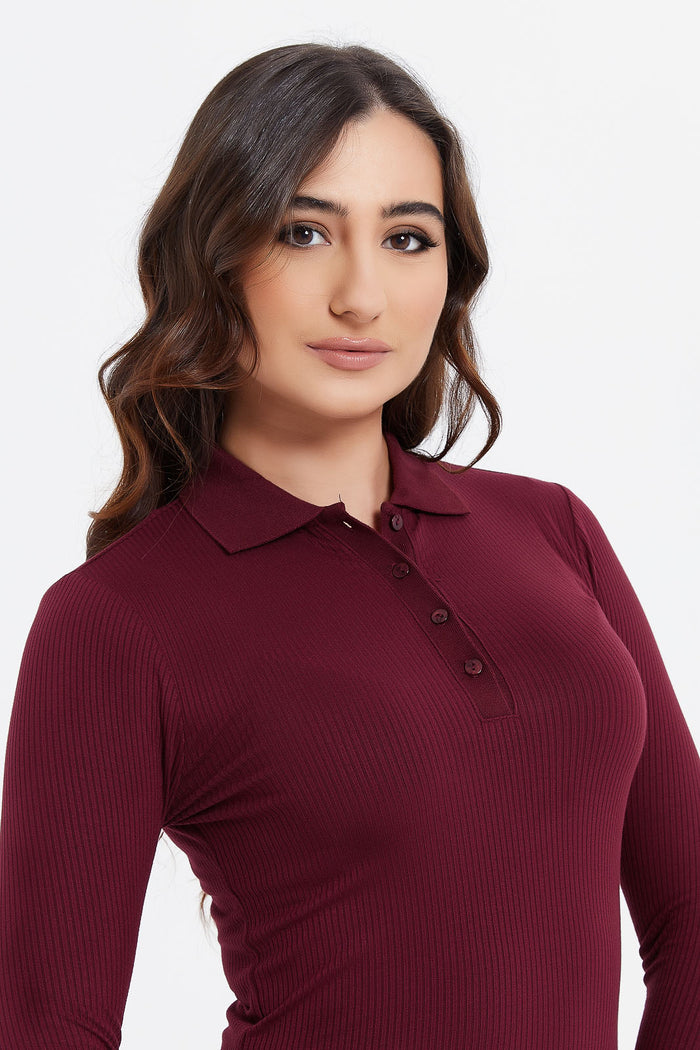 Redtag-Burgundy-Long-Sleeves-Polo-Category:Tops,-Colour:Burgundy,-Deals:New-In,-Filter:Women's-Clothing,-H1:LWR,-H2:LDC,-H3:JYT,-H4:FJT,-LDC-Tops,-LWRLDCJYTFJT,-New-In-LDC,-Non-Sale,-ProductType:Polo-Shirts,-Season:W23A,-Section:Women,-TBL,-W23A-Women's-
