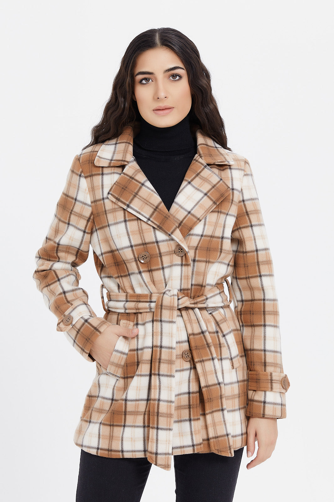 Buy Women Beige Checked Coat 126300480 in Saudi Arabia | REDTAG