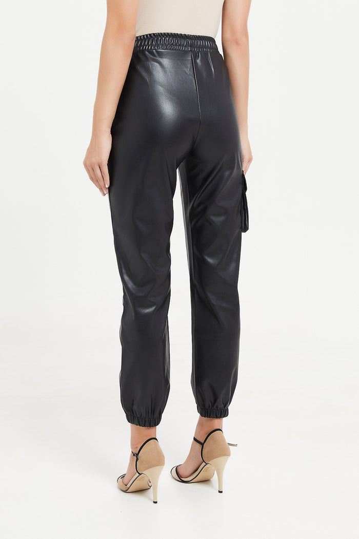 Redtag-Black-Elasticated-Waist-Pu-Joggers-Category:Trousers,-Colour:Black,-Deals:New-In,-Filter:Women's-Clothing,-H1:LWR,-H2:LAD,-H3:TRS,-H4:CTR,-LWRLADTRSCTR,-New-In-Women,-Non-Sale,-ProductType:Pants-Jogger-Fit,-Season:W23A,-Section:Women,-W23A,-Women-Trousers-Women's-