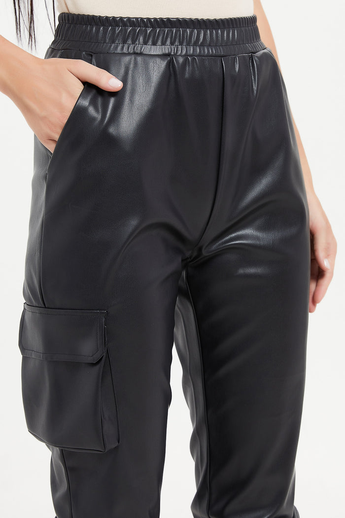 Redtag-Black-Elasticated-Waist-Pu-Joggers-Category:Trousers,-Colour:Black,-Deals:New-In,-Filter:Women's-Clothing,-H1:LWR,-H2:LAD,-H3:TRS,-H4:CTR,-LWRLADTRSCTR,-New-In-Women,-Non-Sale,-ProductType:Pants-Jogger-Fit,-Season:W23A,-Section:Women,-W23A,-Women-Trousers-Women's-