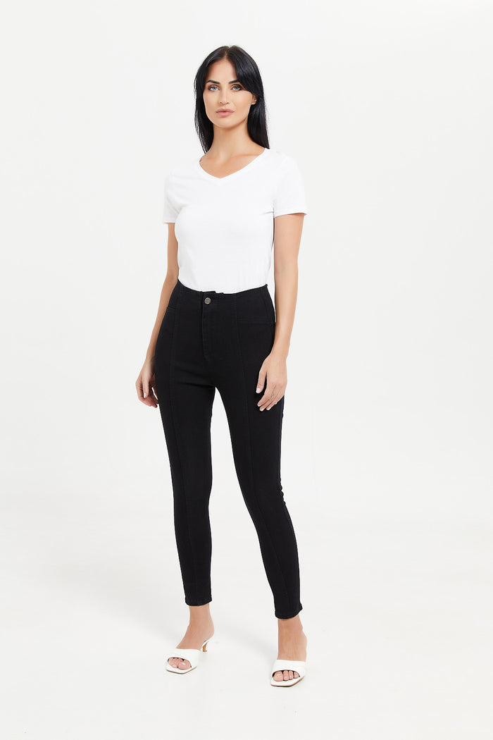 Redtag-Black-High-Waist-Button-Detail-Jegging-Category:Jeans,-Colour:Black,-Deals:New-In,-Filter:Women's-Clothing,-H1:LWR,-H2:LAD,-H3:DNB,-H4:JEG,-LWRLADDNBJEG,-New-In-Women,-Non-Sale,-ProductType:Jeans,-Season:W23A,-Section:Women,-W23A,-Women-Jeans-Women's-