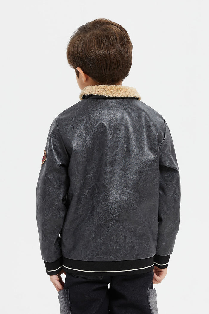 Redtag-Black-Pu-Jacket-With-Sherpa-BOY-Jackets,-Category:Jackets,-Colour:Black,-Deals:New-In,-Filter:Boys-(2-to-8-Yrs),-H1:KWR,-H2:BOY,-H3:CSJ,-H4:CSJ,-KWRBOYCSJCSJ,-New-In-BOY,-Non-Sale,-ProductType:Bomber-Jackets,-Season:W23B,-Section:Boys-(0-to-14Yrs),-W23B-Boys-2 to 8 Years