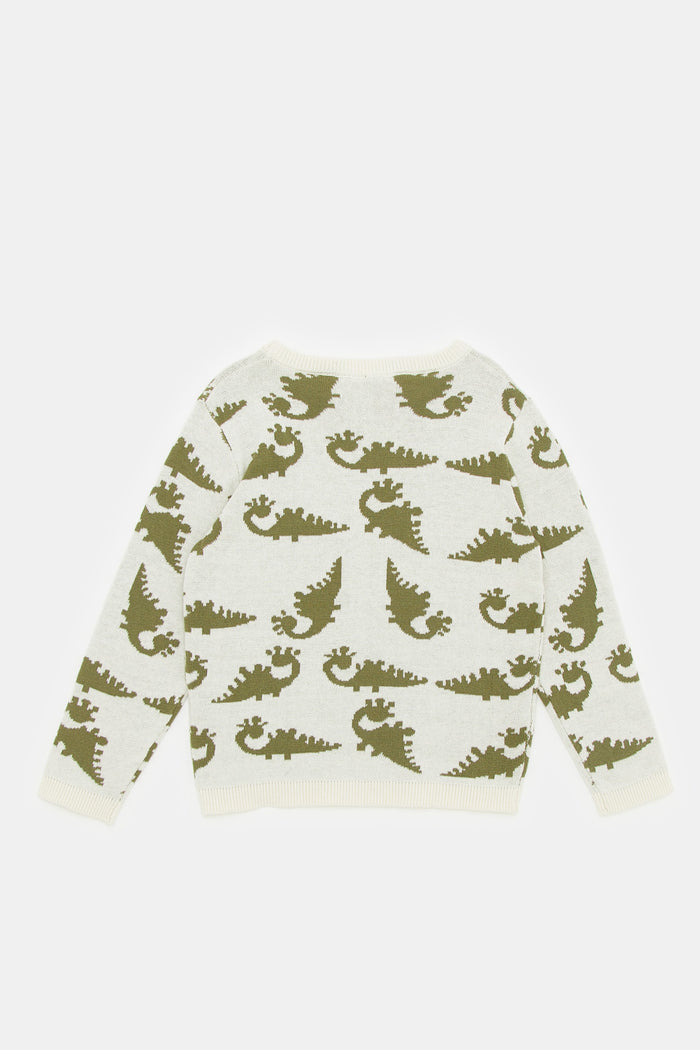 Redtag-Ecru-And-Green-Aop-Dino-Pullover-Category:Pullovers,-Colour:Ecru,-Deals:New-In,-Filter:Infant-Boys-(3-to-24-Mths),-H1:KWR,-H2:INB,-H3:KNW,-H4:PUL,-INB-Pullovers,-KWRINBKNWPUL,-New-In-INB,-Non-Sale,-ProductType:Pullovers,-Season:W23A,-Section:Boys-(0-to-14Yrs),-W23A-Infant-Boys-3 to 24 Months