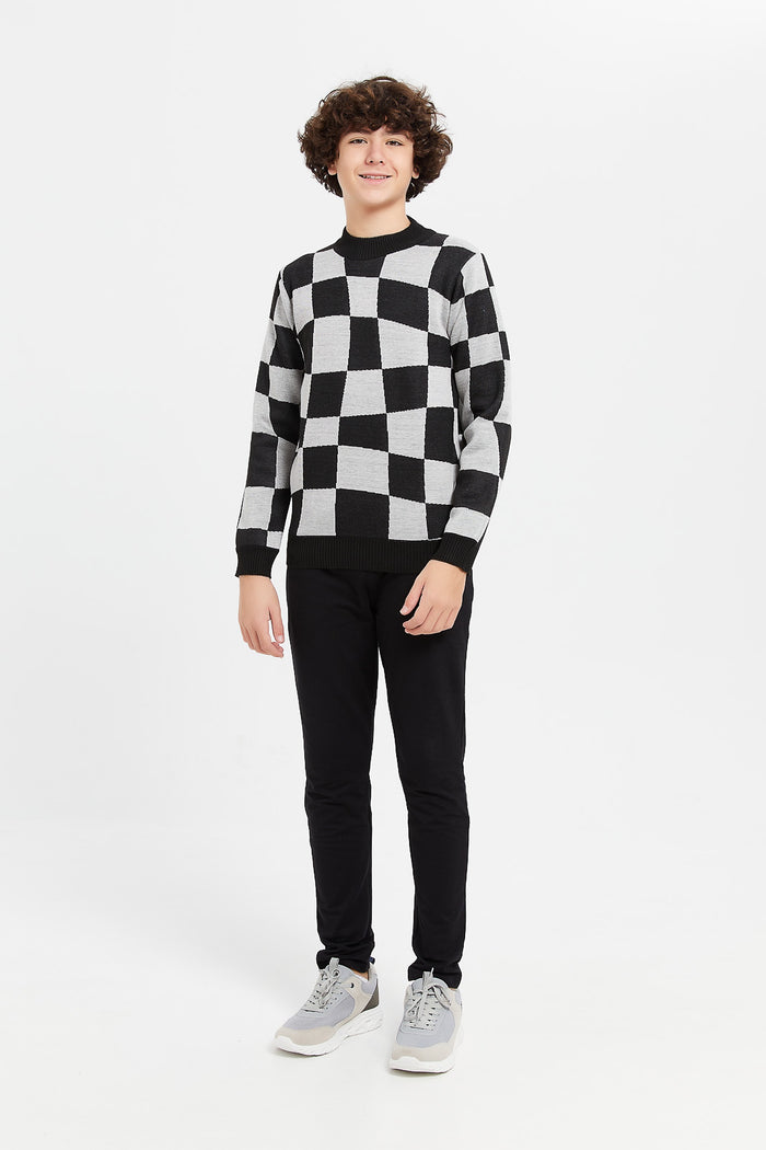 Redtag-White-&-Black-Checks-Pullover-BSR-Pullovers,-Category:Pullovers,-Colour:Black,-Deals:New-In,-Filter:Senior-Boys-(8-to-14-Yrs),-H1:KWR,-H2:BSR,-H3:KNW,-H4:PUL,-KWRBSRKNWPUL,-New-In-BSR,-Non-Sale,-ProductType:Pullovers,-Season:W23B,-Section:Boys-(0-to-14Yrs),-W23B-Senior-Boys-9 to 14 Years