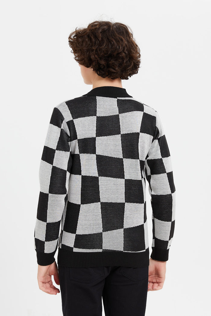 Redtag-White-&-Black-Checks-Pullover-BSR-Pullovers,-Category:Pullovers,-Colour:Black,-Deals:New-In,-Filter:Senior-Boys-(8-to-14-Yrs),-H1:KWR,-H2:BSR,-H3:KNW,-H4:PUL,-KWRBSRKNWPUL,-New-In-BSR,-Non-Sale,-ProductType:Pullovers,-Season:W23B,-Section:Boys-(0-to-14Yrs),-W23B-Senior-Boys-9 to 14 Years