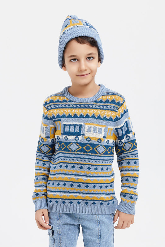 Redtag-Blue-Truck-Fairisle-Jumper-With-Hat-Set-BOY-Pullovers,-Category:Pullovers,-Colour:Mint,-Deals:New-In,-EHW,-Filter:Boys-(2-to-8-Yrs),-H1:KWR,-H2:BOY,-H3:KNW,-H4:PUL,-KWRBOYKNWPUL,-New-In-BOY,-Non-Sale,-ProductType:Pullovers,-Season:W23B,-Section:Boys-(0-to-14Yrs),-W23B,-winter-Boys-2 to 8 Years