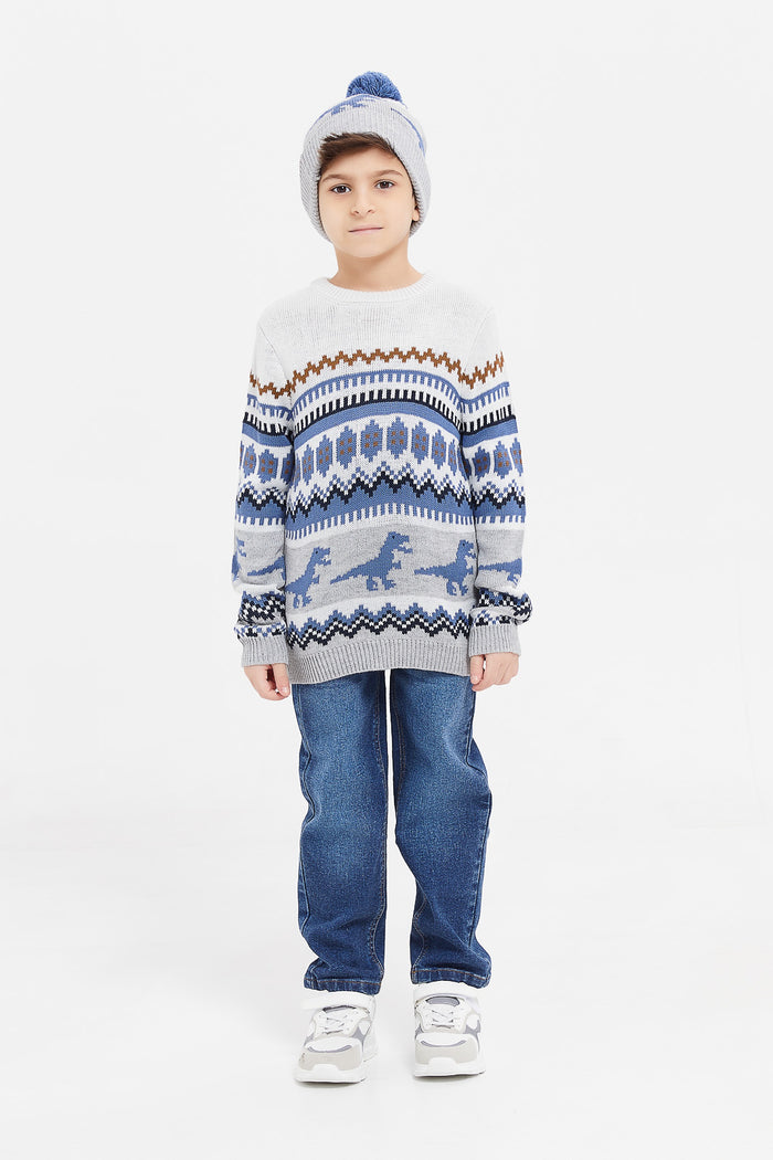 Redtag-Grey-Fairisle-Jumper-With-Hat-Set-BOY-Pullovers,-Category:Pullovers,-Colour:Mid-Grey,-Deals:New-In,-EHW,-Filter:Boys-(2-to-8-Yrs),-H1:KWR,-H2:BOY,-H3:KNW,-H4:PUL,-KWRBOYKNWPUL,-New-In-BOY,-Non-Sale,-ProductType:Pullovers,-Season:W23B,-Section:Boys-(0-to-14Yrs),-W23B,-Winter23-Boys-2 to 8 Years