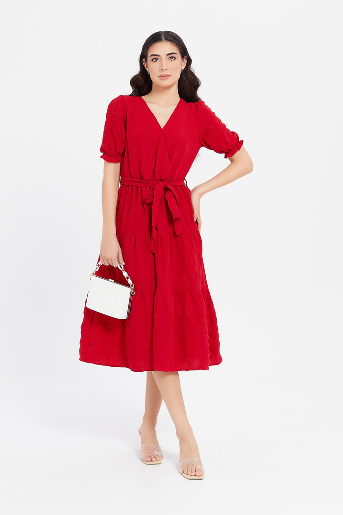 Redtag-Red-Textured-Wrap-Dress-Category:Dresses,-Colour:Red,-Deals:New-In,-Filter:Women's-Clothing,-H1:LWR,-H2:LAD,-H3:DRS,-H4:CAD,-LWRLADDRSCAD,-Midi-Dress,-New-In-Women,-Non-Sale,-ProductType:Dresses,-Season:W23A,-Section:Women,-W23A,-Women-Dresses-Women's-