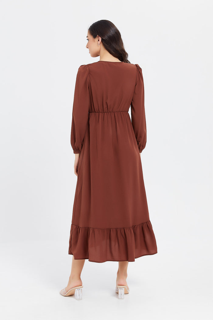 Redtag-Brown-Teared--Wrap-Maxi--Dress-Category:Dresses,-Colour:Brown,-Deals:New-In,-Filter:Women's-Clothing,-H1:LWR,-H2:LAD,-H3:DRS,-H4:CAD,-LWRLADDRSCAD,-Midi-Dress,-New-In-Women,-Non-Sale,-PPE,-ProductType:Dresses,-Season:W23A,-Section:Women,-W23A,-Women-Dresses-Women's-
