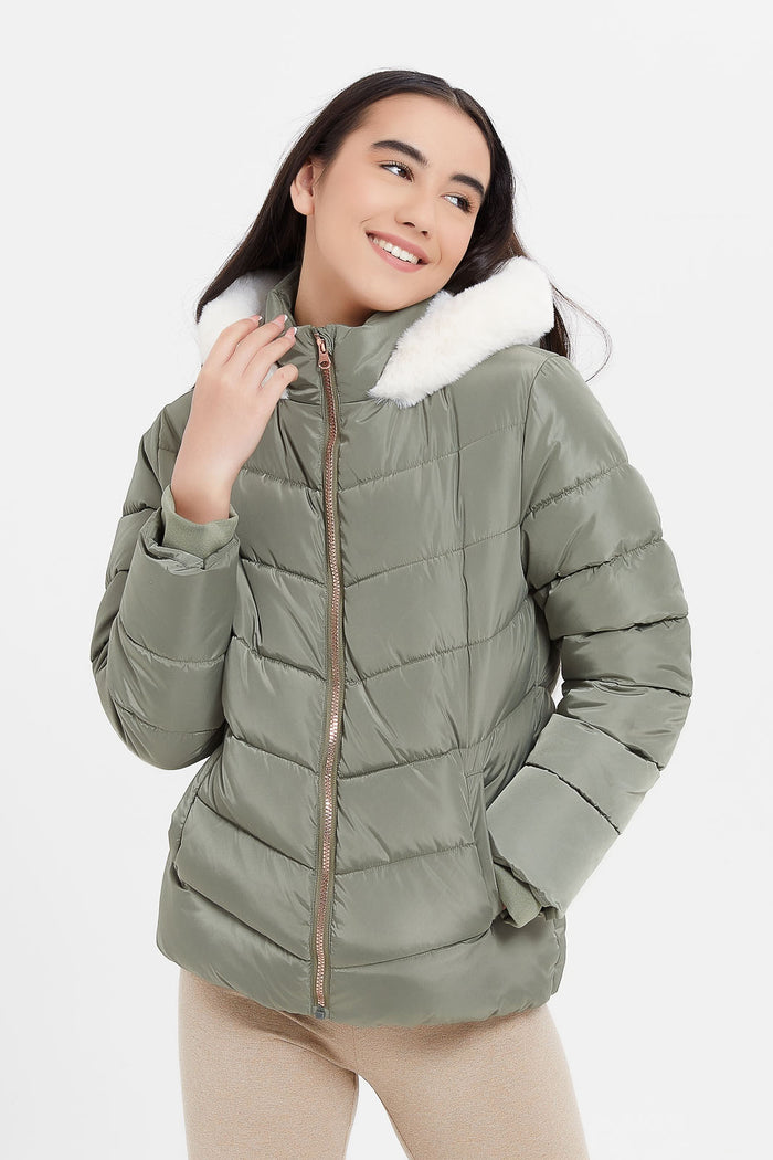 Redtag-Olive-Padded-Jacket-With-Hoody-Fur-Category:Jackets,-Colour:Green,-Deals:New-In,-EHW,-Filter:Senior-Girls-(8-to-14-Yrs),-GSR-Jackets,-H1:KWR,-H2:GSR,-H3:CSJ,-H4:CSJ,-KWRGSRCSJCSJ,-New-In-GSR,-Non-Sale,-ProductType:Jackets,-Season:W23B,-Section:Girls-(0-to-14Yrs),-W23B,-Winter23-Senior-Girls-9 to 14 Years