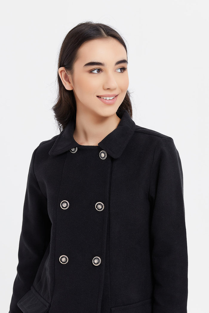 Redtag-Black-Melton-Double-Breasted-Long-Lin-Jackets-Category:Jackets,-Colour:Black,-Deals:New-In,-EHW,-Filter:Senior-Girls-(8-to-14-Yrs),-GSR-Jackets,-H1:KWR,-H2:GSR,-H3:CSJ,-H4:CSJ,-KWRGSRCSJCSJ,-New-In-GSR,-Non-Sale,-ProductType:Jackets,-Season:W23B,-Section:Girls-(0-to-14Yrs),-W23B-Senior-Girls-9 to 14 Years