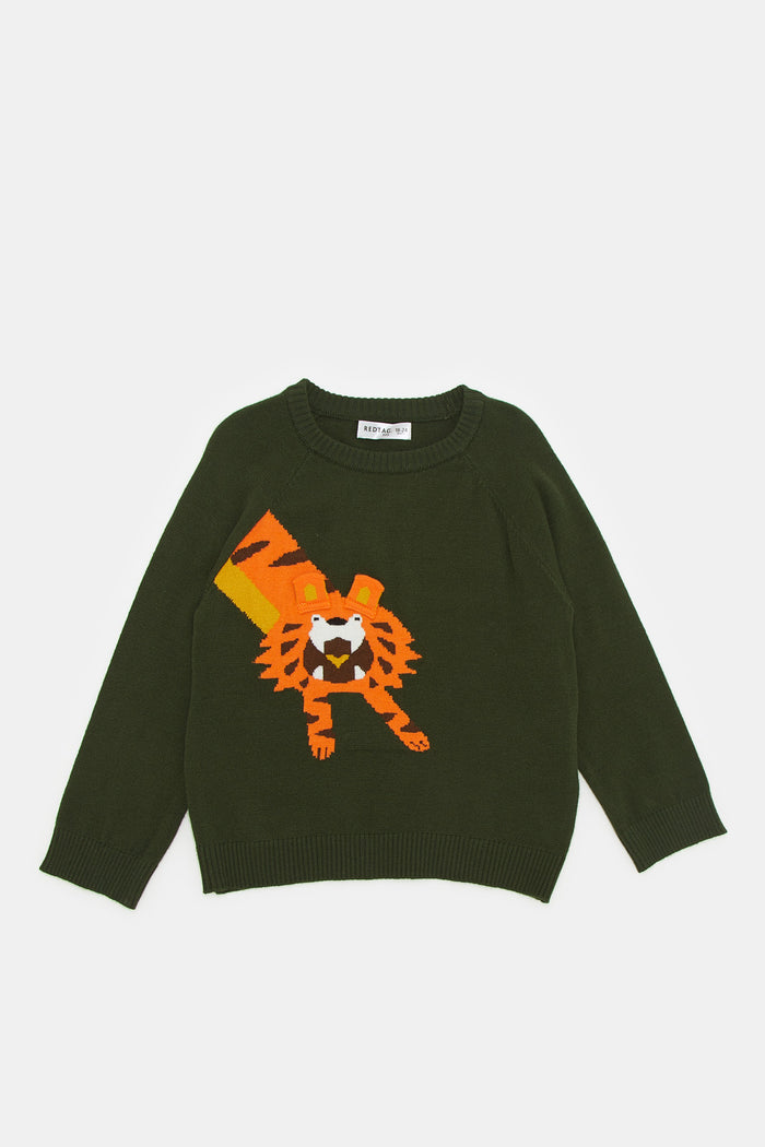 Redtag-Khaki-Green-Lion-Crew-Pullover-Category:Pullovers,-Colour:Green,-Deals:New-In,-Filter:Infant-Boys-(3-to-24-Mths),-H1:KWR,-H2:INB,-H3:KNW,-H4:PUL,-INB-Pullovers,-KWRINBKNWPUL,-New-In-INB,-Non-Sale,-ProductType:Pullovers,-Season:W23A,-Section:Boys-(0-to-14Yrs),-W23A-Infant-Boys-3 to 24 Months