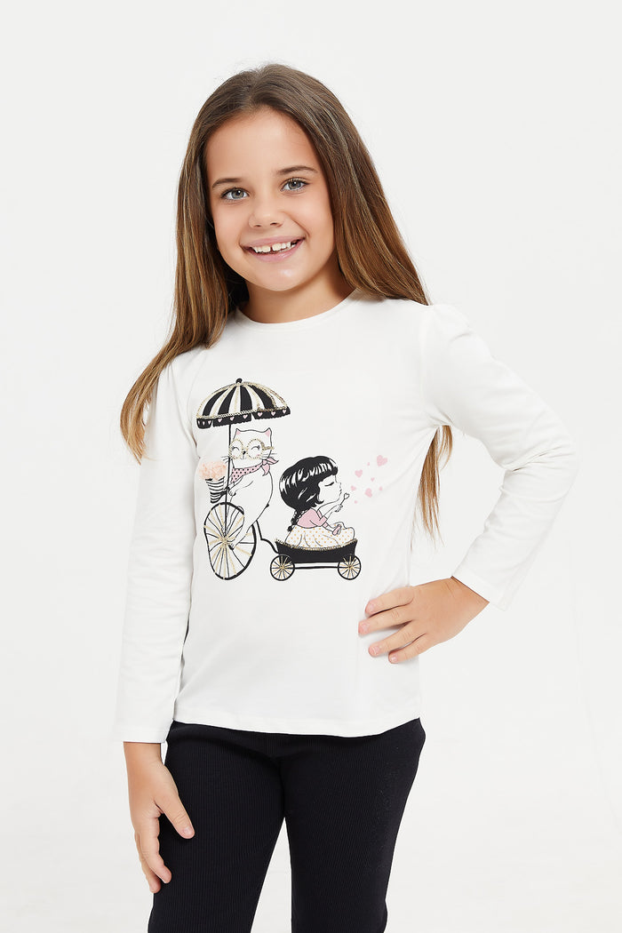 Redtag-White--L/S-Sequins-Cat-And-Girl-T-Shirt-Category:T-Shirts,-Colour:White,-Deals:New-In,-Filter:Girls-(2-to-8-Yrs),-GIR-T-Shirts,-H1:KWR,-H2:GIR,-H3:TSH,-H4:CAT,-KWRGIRTSHCAT,-New-In-GIR,-Non-Sale,-ProductType:Graphic-T-Shirts,-Season:W23A,-Section:Girls-(0-to-14Yrs),-TBL,-W23A-Girls-2 to 8 Years