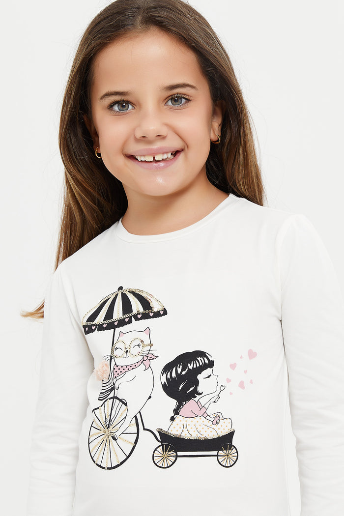 Redtag-White--L/S-Sequins-Cat-And-Girl-T-Shirt-Category:T-Shirts,-Colour:White,-Deals:New-In,-Filter:Girls-(2-to-8-Yrs),-GIR-T-Shirts,-H1:KWR,-H2:GIR,-H3:TSH,-H4:CAT,-KWRGIRTSHCAT,-New-In-GIR,-Non-Sale,-ProductType:Graphic-T-Shirts,-Season:W23A,-Section:Girls-(0-to-14Yrs),-TBL,-W23A-Girls-2 to 8 Years