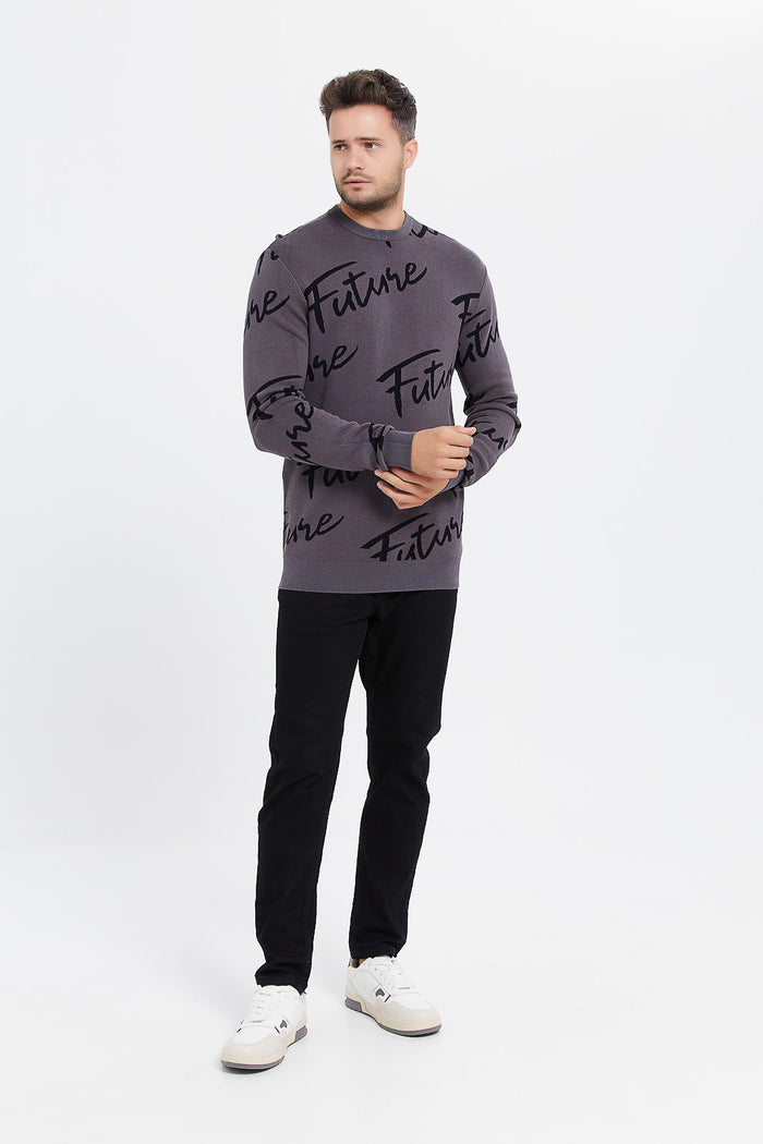 Redtag-Grey-Allover-Logo-Sweater-Category:Pullovers,-Colour:Dark-Grey,-Deals:New-In,-Filter:Men's-Clothing,-H1:MWR,-H2:GEN,-H3:KNW,-H4:PUL,-Men-Pullovers,-MWRGENKNWPUL,-New-In-Men,-Non-Sale,-ProductType:Pullovers,-Season:W23B,-Section:Men,-W23B-Men's-