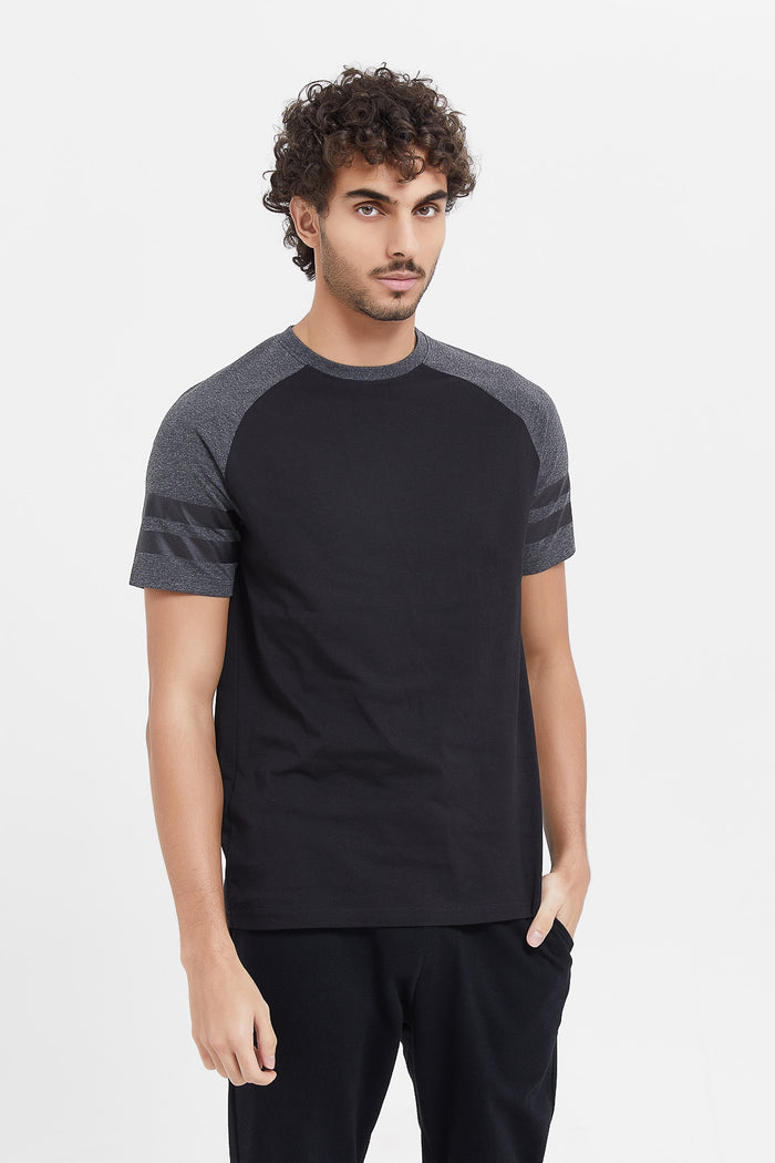 Redtag-Black-With-Charcoal-Sleeve-Reglan-T-Shirt-Category:T-Shirts,-Colour:Black,-Deals:New-In,-Filter:Men's-Clothing,-H1:MWR,-H2:GEN,-H3:TSH,-H4:TSH,-Men-T-Shirts,-MWRGENTSHTSH,-New-In-Men,-Non-Sale,-ProductType:Plain-T-Shirts,-Season:W23A,-Section:Men,-TBL,-W23A-Men's-