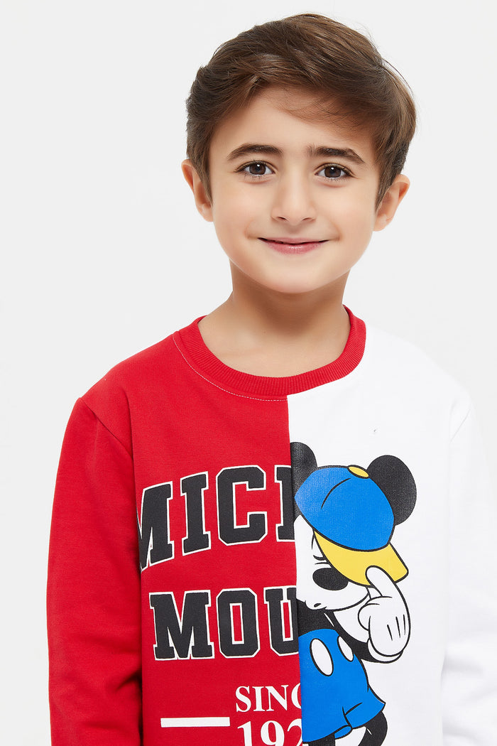 Redtag-Red-Micky-Paneled-Crew-Neck-Sweatshirt-BOY-Sweatshirts,-Category:Sweatshirts,-Colour:Red,-Deals:New-In,-Filter:Boys-(2-to-8-Yrs),-H1:KWR,-H2:BOY,-H3:SWS,-H4:SWS,-KWRBOYSWSSWS,-New-In-BOY,-Non-Sale,-ProductType:Sweatshirts,-Season:W23A,-Section:Boys-(0-to-14Yrs),-W23A-Boys-2 to 8 Years