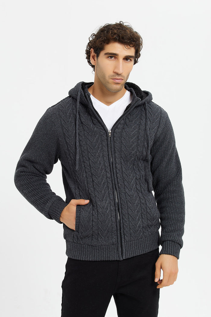 Redtag-Charcoal-Knitted-Zip-Thru-Hoody-With-Faux-Fur-Lining-Category:Pullovers,-Colour:Charcoal,-Deals:New-In,-EHW,-Filter:Men's-Clothing,-H1:MWR,-H2:GEN,-H3:KNW,-H4:PUL,-Men-Pullovers,-MWRGENKNWPUL,-New-In-Men,-Non-Sale,-ProductType:Hooded-Pullover,-Season:W23B,-Section:Men,-W23B,-winter-Men's-