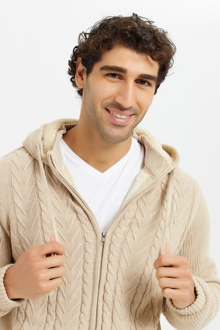 Redtag-Beige-Knitted-Zip-Thru-Hoody-With-Faux-Fur-Lining-Category:Pullovers,-Colour:Beige,-Deals:New-In,-EHW,-Filter:Men's-Clothing,-H1:MWR,-H2:GEN,-H3:KNW,-H4:PUL,-Men-Pullovers,-MWRGENKNWPUL,-New-In-Men,-Non-Sale,-ProductType:Hooded-Pullover,-Season:W23B,-Section:Men,-W23B,-winter-Men's-
