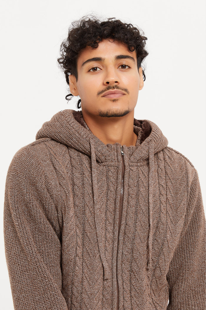 Redtag-Brown-Knitted-Zip-Thru-Hoody-With-Faux-Fur-Lining-Category:Pullovers,-Colour:Brown,-Deals:New-In,-EHW,-Filter:Men's-Clothing,-H1:MWR,-H2:GEN,-H3:KNW,-H4:PUL,-Men-Pullovers,-MWRGENKNWPUL,-New-In-Men,-Non-Sale,-ProductType:Hooded-Pullover,-Season:W23B,-Section:Men,-W23B,-winter-Men's-