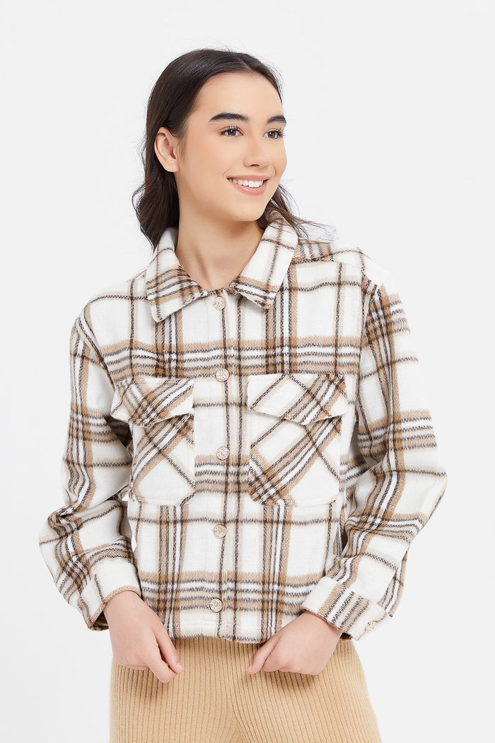 Redtag-White/Beige-Plaid-Shacket-Category:Jackets,-Colour:Beige,-Deals:New-In,-Filter:Senior-Girls-(8-to-14-Yrs),-GSR-Jackets,-H1:KWR,-H2:GSR,-H3:CSJ,-H4:CSJ,-KWRGSRCSJCSJ,-New-In-GSR,-Non-Sale,-ProductType:Jackets,-Season:W23A,-Section:Girls-(0-to-14Yrs),-W23A-Senior-Girls-9 to 14 Years