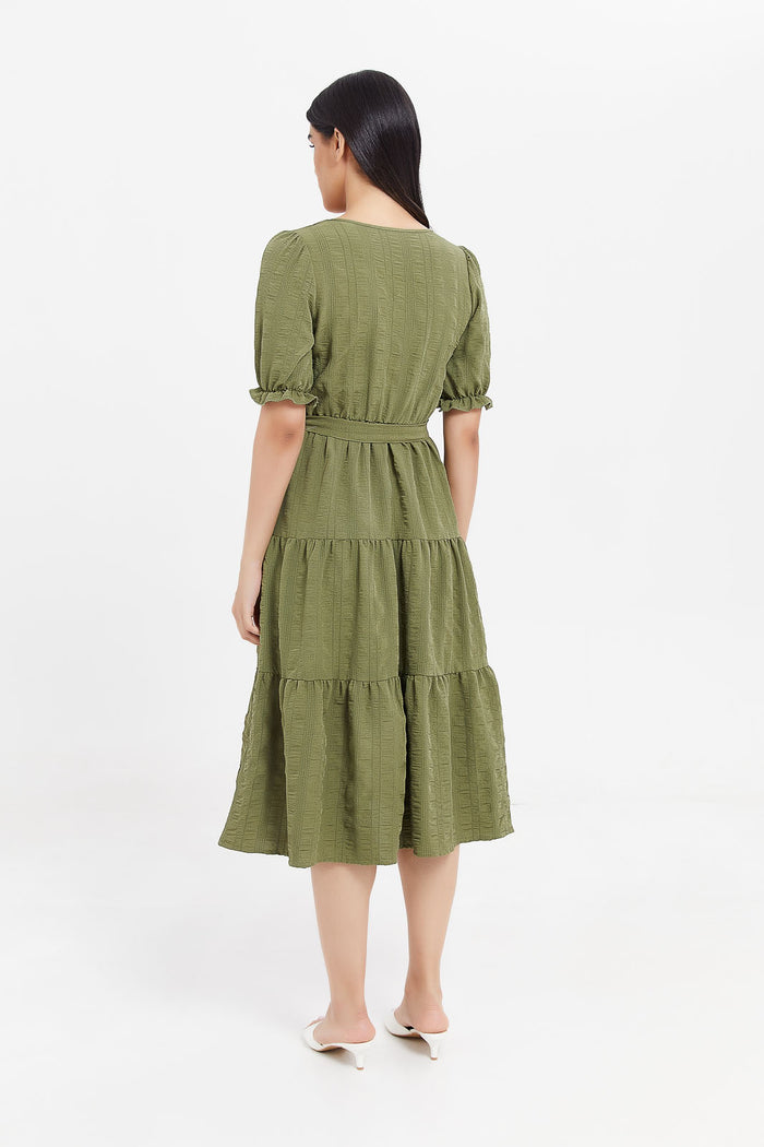 Redtag-Green-Textured-Wrap-Dress-Category:Dresses,-Colour:Green,-Deals:New-In,-Filter:Women's-Clothing,-H1:LWR,-H2:LAD,-H3:DRS,-H4:CAD,-LWRLADDRSCAD,-Midi-Dress,-New-In-Women,-Non-Sale,-ProductType:Dresses,-Season:W23A,-Section:Women,-W23A,-Women-Dresses-Women's-