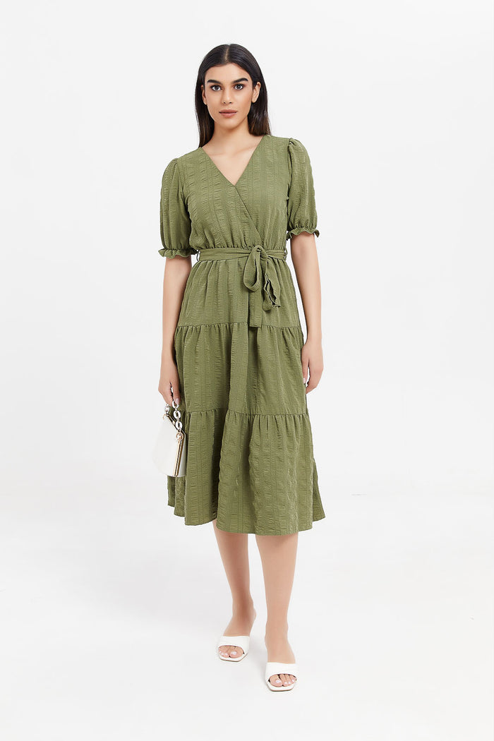 Redtag-Green-Textured-Wrap-Dress-Category:Dresses,-Colour:Green,-Deals:New-In,-Filter:Women's-Clothing,-H1:LWR,-H2:LAD,-H3:DRS,-H4:CAD,-LWRLADDRSCAD,-Midi-Dress,-New-In-Women,-Non-Sale,-ProductType:Dresses,-Season:W23A,-Section:Women,-W23A,-Women-Dresses-Women's-