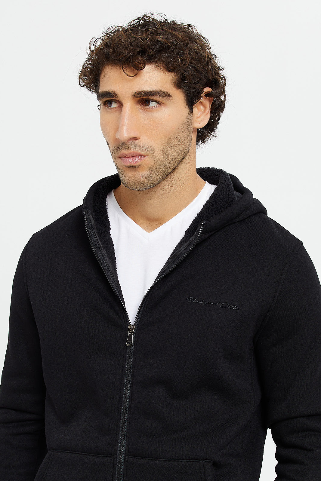 Buy Men Black Faux Fur Zipper Hooded Sweatshirt 126664929 in Saudi