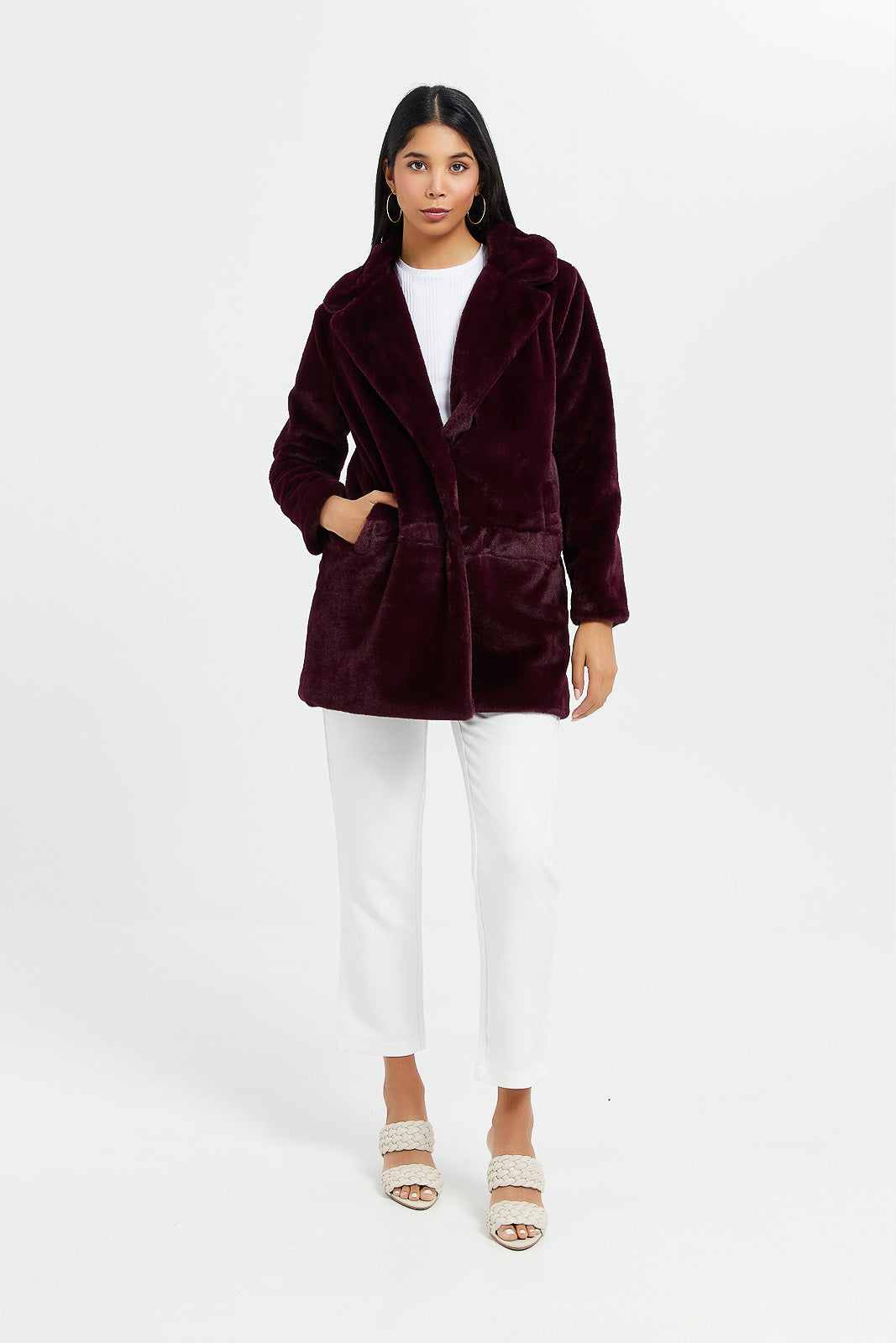 Missguided burgundy faux fur deals coat