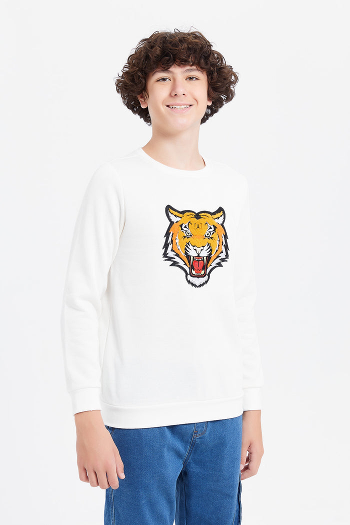 Redtag-White-Animal-Face-Towel-Applique-Sweatshirt-BSR-Sweatshirts,-Category:Sweatshirts,-Colour:White,-Deals:New-In,-Filter:Senior-Boys-(8-to-14-Yrs),-H1:KWR,-H2:BSR,-H3:SWS,-H4:SWS,-KWRBSRSWSSWS,-New-In-BSR,-Non-Sale,-ProductType:Sweatshirts,-Season:W23B,-Section:Boys-(0-to-14Yrs),-W23B-Senior-Boys-9 to 14 Years