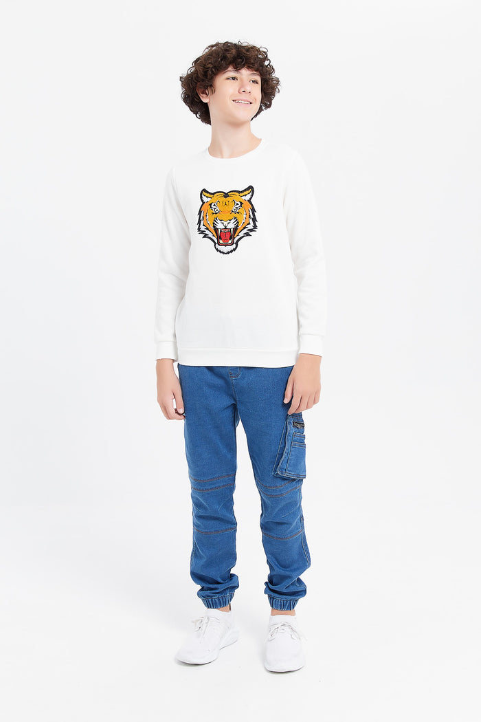 Redtag-White-Animal-Face-Towel-Applique-Sweatshirt-BSR-Sweatshirts,-Category:Sweatshirts,-Colour:White,-Deals:New-In,-Filter:Senior-Boys-(8-to-14-Yrs),-H1:KWR,-H2:BSR,-H3:SWS,-H4:SWS,-KWRBSRSWSSWS,-New-In-BSR,-Non-Sale,-ProductType:Sweatshirts,-Season:W23B,-Section:Boys-(0-to-14Yrs),-W23B-Senior-Boys-9 to 14 Years