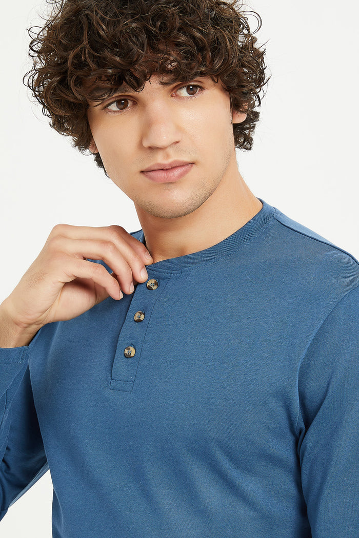 Redtag-Blue-Long-Sleeve-Henley-Category:T-Shirts,-Colour:Blue,-Deals:New-In,-Filter:Men's-Clothing,-H1:MWR,-H2:GEN,-H3:TSH,-H4:TSH,-Men-T-Shirts,-MWRGENTSHTSH,-New-In-Men,-Non-Sale,-ProductType:Plain-T-Shirts,-Season:W23B,-Section:Men,-TBL,-W23B-Men's-