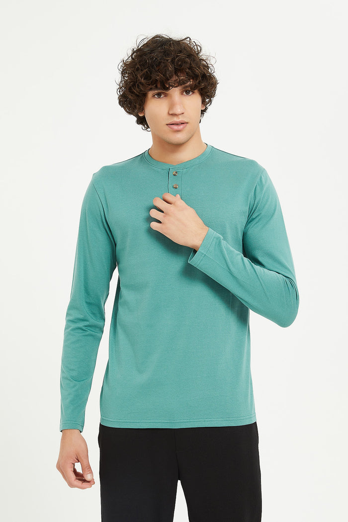 Redtag-Sage-Green-Long-Sleeve-Henley-Category:T-Shirts,-Colour:Green,-Deals:New-In,-Filter:Men's-Clothing,-H1:MWR,-H2:GEN,-H3:TSH,-H4:TSH,-Men-T-Shirts,-MWRGENTSHTSH,-New-In-Men,-Non-Sale,-ProductType:Plain-T-Shirts,-Season:W23B,-Section:Men,-TBL,-W23B-Men's-