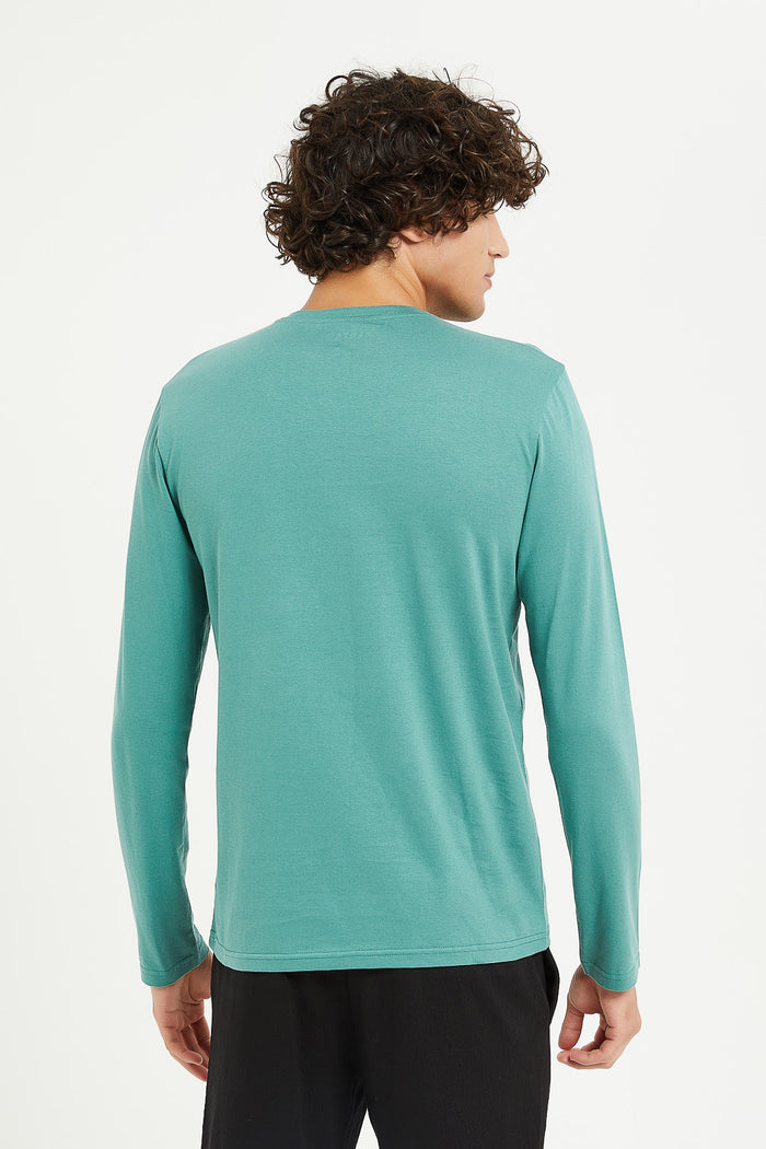 Redtag-Sage-Green-Long-Sleeve-Henley-Category:T-Shirts,-Colour:Green,-Deals:New-In,-Filter:Men's-Clothing,-H1:MWR,-H2:GEN,-H3:TSH,-H4:TSH,-Men-T-Shirts,-MWRGENTSHTSH,-New-In-Men,-Non-Sale,-ProductType:Plain-T-Shirts,-Season:W23B,-Section:Men,-TBL,-W23B-Men's-