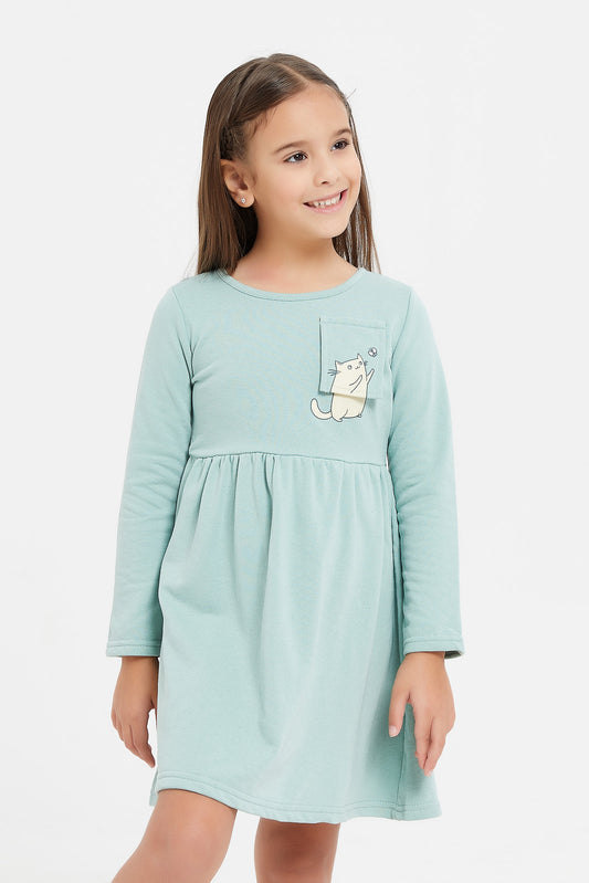 Redtag-Sage-Terry-Full-Sleeve-Dress-Category:Dresses,-Colour:Green,-Deals:New-In,-Filter:Girls-(2-to-8-Yrs),-GIR-Dresses,-H1:KWR,-H2:GIR,-H3:DRS,-H4:CAD,-KWRGIRDRSCAD,-Midi-Dress,-New-In-GIR,-Non-Sale,-ProductType:Dresses,-Season:W23A,-Section:Girls-(0-to-14Yrs),-W23A-Girls-2 to 8 Years