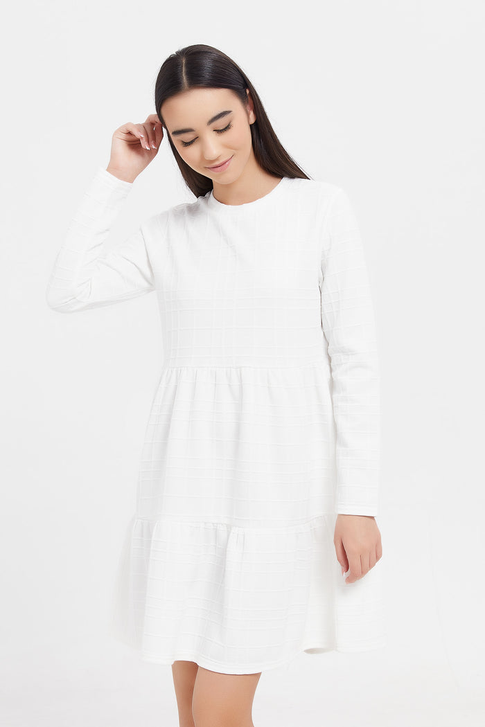 Redtag-White-Jacquard-Knitted-Layered-Dress-Category:Dresses,-Colour:White,-Deals:New-In,-Filter:Senior-Girls-(8-to-14-Yrs),-GSR-Dresses,-H1:KWR,-H2:GSR,-H3:DRS,-H4:CAD,-KWRGSRDRSCAD,-New-In-GSR,-Non-Sale,-ProductType:Dresses,-Season:W23B,-Section:Girls-(0-to-14Yrs),-W23B-Senior-Girls-9 to 14 Years