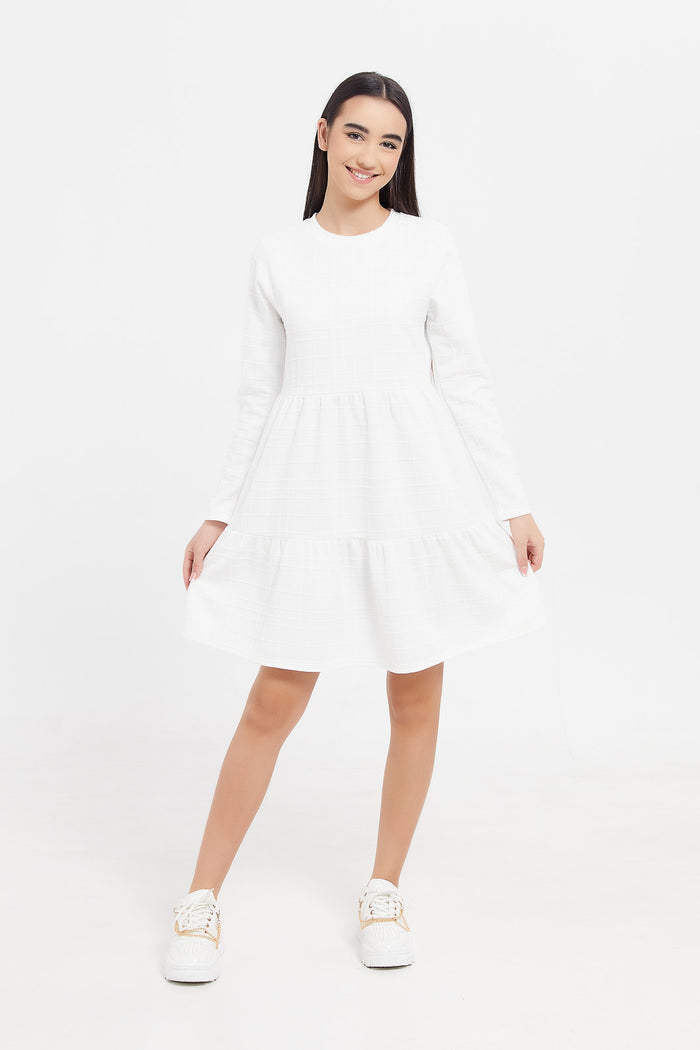 Redtag-White-Jacquard-Knitted-Layered-Dress-Category:Dresses,-Colour:White,-Deals:New-In,-Filter:Senior-Girls-(8-to-14-Yrs),-GSR-Dresses,-H1:KWR,-H2:GSR,-H3:DRS,-H4:CAD,-KWRGSRDRSCAD,-New-In-GSR,-Non-Sale,-ProductType:Dresses,-Season:W23B,-Section:Girls-(0-to-14Yrs),-W23B-Senior-Girls-9 to 14 Years