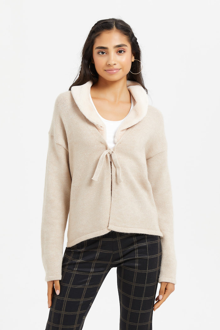 Redtag-Oatmeal-Melange-Button-Front-With-Fur-Category:Cardigans,-Colour:White,-Deals:New-In,-Filter:Senior-Girls-(8-to-14-Yrs),-GSR-Cardigans,-H1:KWR,-H2:GSR,-H3:KNW,-H4:CGN,-KWRGSRKNWCGN,-New-In-GSR,-Non-Sale,-ProductType:Cardigans,-Season:W23B,-Section:Girls-(0-to-14Yrs),-W23B-Senior-Girls-9 to 14 Years