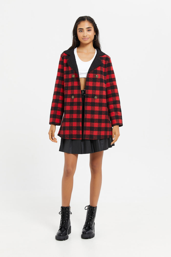 Redtag-Red/Black-Plaid-Jacket-With-Sherpa-Category:Jackets,-Colour:Red,-Deals:New-In,-Filter:Senior-Girls-(8-to-14-Yrs),-GSR-Jackets,-H1:KWR,-H2:GSR,-H3:CSJ,-H4:CSJ,-KWRGSRCSJCSJ,-New-In-GSR,-Non-Sale,-ProductType:Jackets,-Season:W23B,-Section:Girls-(0-to-14Yrs),-W23B-Senior-Girls-9 to 14 Years