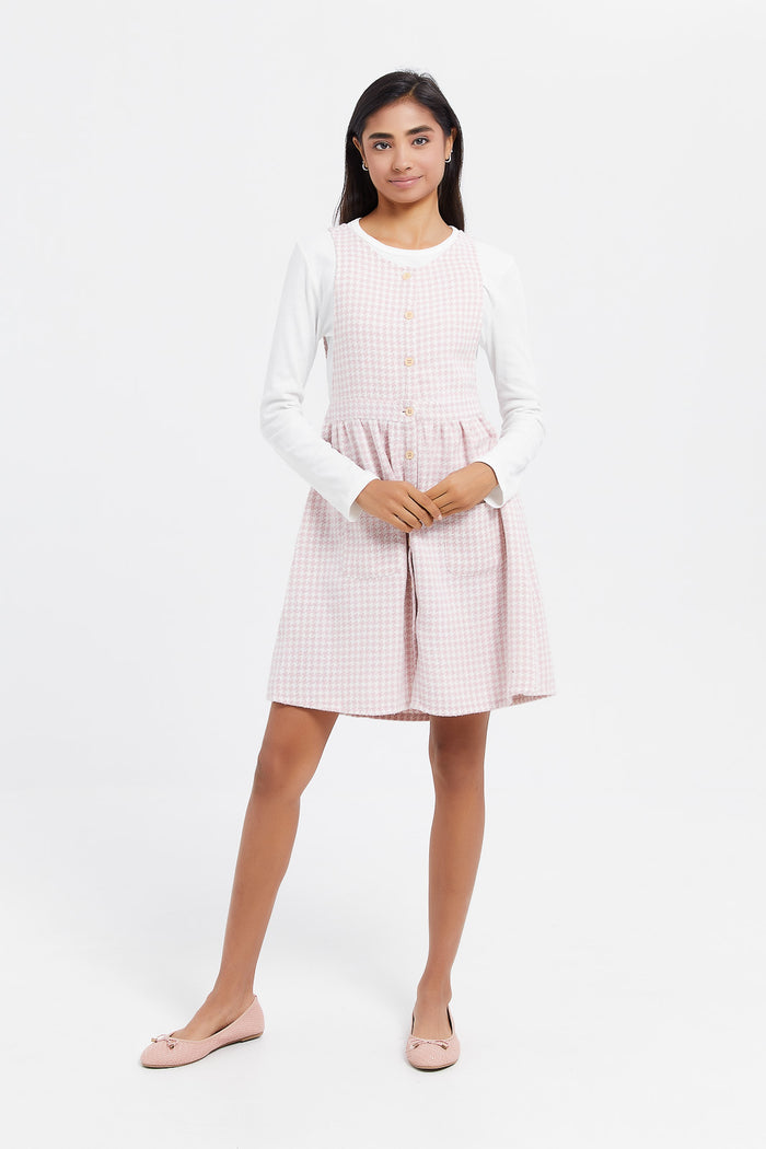 Redtag-Pink-Tweeds-Dungarees-Category:Dresses,-Colour:Pale-Pink,-Deals:New-In,-Filter:Senior-Girls-(8-to-14-Yrs),-GSR-Dresses,-H1:KWR,-H2:GSR,-H3:DRS,-H4:CAD,-KWRGSRDRSCAD,-New-In-GSR,-Non-Sale,-ProductType:Dresses,-Season:W23B,-Section:Girls-(0-to-14Yrs),-W23B-Senior-Girls-9 to 14 Years